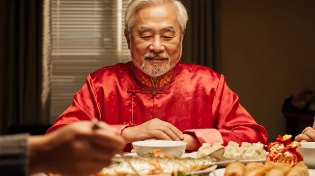 Grandfather blessing family first bite cinematic UHD handheld Lunar New Year lifestyle stock video. senior s benediction kin s initial taste filmic ultra hd portable spring