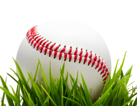 Close-Up of Baseball Surrounded by Minimal Grass Tufts, Stylized Composition, Transparent Background