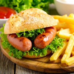 Freshly cooked sausage sandwich with fries