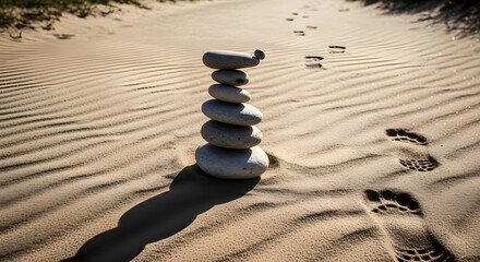 Outdoor running concept: stack of pebbles on a coastal cliff path with sand ripples & footprints. Natural light, deep focus for crisp textures & clean composition. No logos/text.