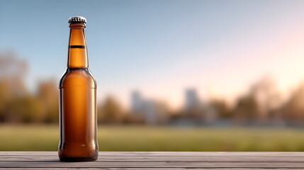 a bottle of beer placed on the table under the warm sunlight