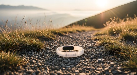 Running Outdoors concept with silicone wristband on gravel track, mountain ridge with low clouds and sunlit grass, deep focus for sharp textures, clean composition, copy space.