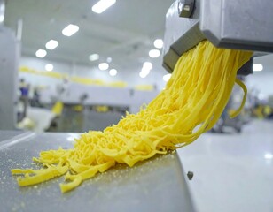 Freshly extruded yellow pasta strands emerging from a machine in a factory