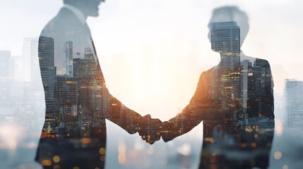 A double-exposure image of businesspeople shaking hands against a backdrop of urban office buildings, symbolizing the successful partnership in commercial transactions.
