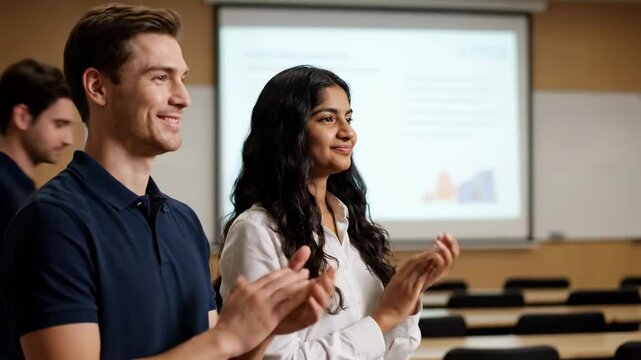 Students clapping online guest lecture cinematic UHD education lifestyle stock footage. pupil ovation virtual speaker filmic ultra high definition learning existence videography.