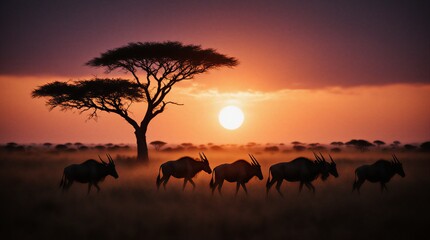 golden hour african savanna landscape with grazing wildebeest silhouettes in soft light | travel, wildlife, nature, adventure, landscape theme
