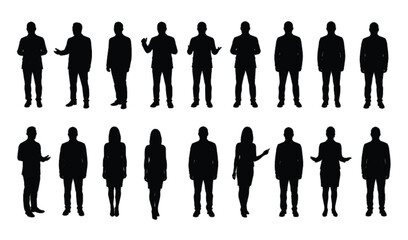 Silhouettes of Business People Standing and Gesturing, Men and Women in Formal Attire, Corporate Poses for Professional Use