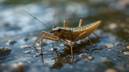 Gerridae (water striders, water skeeters, water scooters, water bugs, pond skaters, water skippers) on river.  distinguishing feature is the ability to move on top of the water's surface