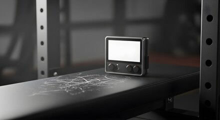 Gym Workout concept with a timer block and blank faceplate in a garage gym bench area, captured with natural lighting and deep focus. Ideal for fitness, health, and training stories.
