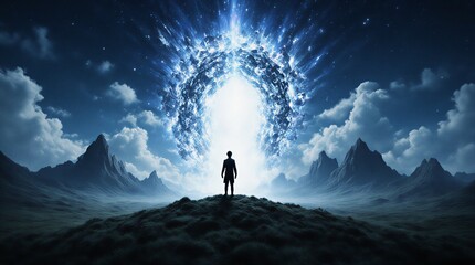 man emerging from swirling portal towards a bright, hopeful landscape, symbolic of new beginnings | inspiration, motivation, business, technology, travel theme