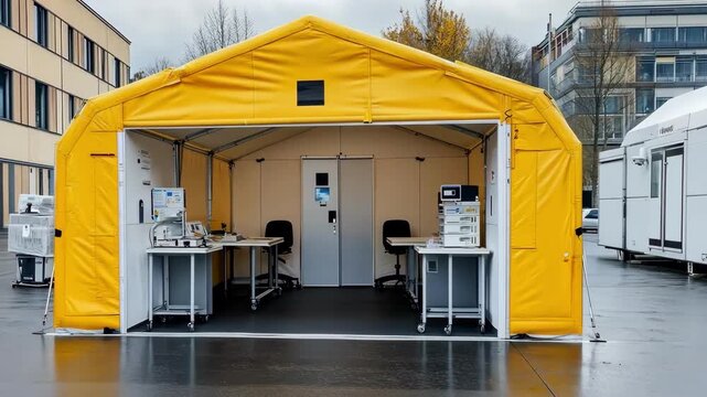 Mobile laboratory tent set up outdoors, featuring medical equipment and workspace.