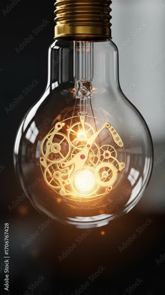 Poster golden gears mechanism encased in clear glass lightbulb idea with dark background conceptual innovat