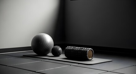 Gym Workout concept: Foam roller, massage ball on rubber mat in industrial setting. Natural light, deep focus for sharp textures, clean composition, copy space. Ideal for fitness stories.