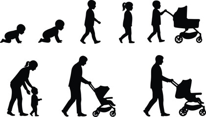 Silhouettes of Child Development and Parenting with Strollers – Crawling, Walking, and Growing Kids Vector Illustration for Family and Childhood Concepts