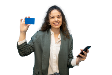 Professional woman displaying credit card while working on smartphone, demonstrating digital banking convenience against clean white backdrop