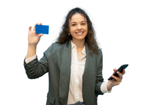 Professional woman displaying credit card while working on smartphone, demonstrating digital banking convenience against clean white backdrop