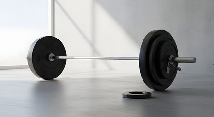 Gym Workout concept: Unbranded barbell, bumper plates, concrete wall, skylight gradients. Natural lighting, deep focus, ultrasharp textures, crisp edges, clean composition, copy space.