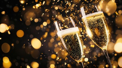 Two glasses of champagne toasting with golden confetti falling, celebrating a special occasion or new years eve, isolated on a dark bokeh background