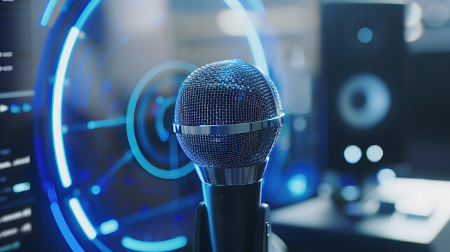 Close-up of a professional microphone in a high-tech studio environment with digital interface elements in the background
