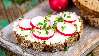 Freshly made sandwiches with cream cheese and radishes