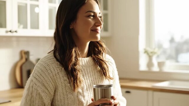 Woman sipping coffee stainless steel tumbler cinematic UHD handheld eco lifestyle stock video. female enjoying beverage metal container filmic ultra high definition portable green