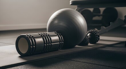 Gym workout concept with foam roller and massage ball on a rubber mat in a garage gym, featuring natural lighting and deep focus for sharp textures and crisp edges.