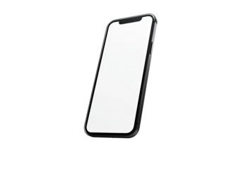 A black smartphone with a blank white screen, angled diagonally
