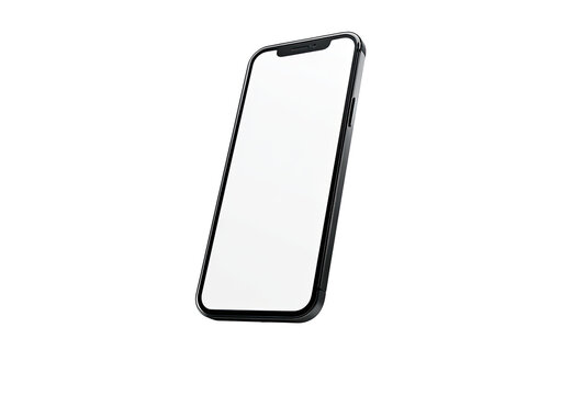 A black smartphone with a blank white screen, angled diagonally