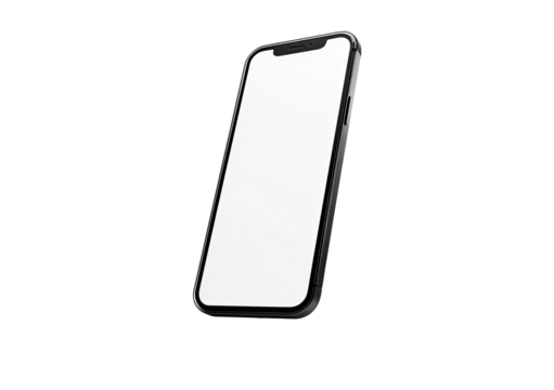 A black smartphone with a blank white screen, angled diagonally