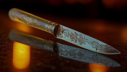 Ornate antique dagger with intricate etched patterns reflecting in a dark polished surface