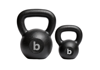 Two black kettlebells, one larger than the other,  positioned vertically.  Both feature a rounded, matte-finish design with a handle