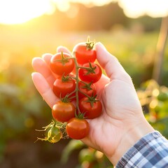 Freshly picked tomatoes held in a hand at sunset