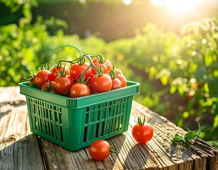 Freshly picked tomatoes in a green basket on a rustic wooden table outdoors
