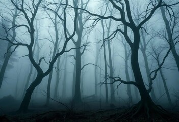 Obraz premium Dark, misty forest with gnarled trees and skeletal branches, woodland, environment