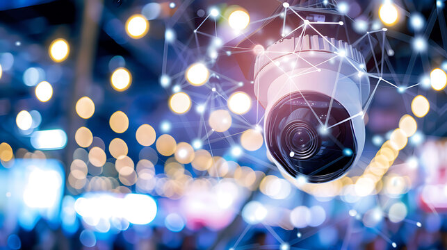 Surveillance camera with digital network connections against a bokeh-lit background