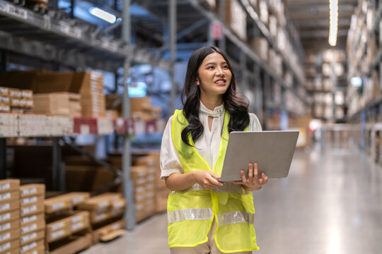 Female engineers discussing inventory in warehouse logistics and supply chain planning, operation management, data analysis, warehouse shipping, inventory tracking, optimization and technology