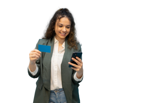 Professional businesswoman swiping credit card while browsing online store via smartphone, white background