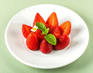 Freshly sliced strawberries on a white plate