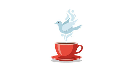 Fototapeta premium Illustration of a red coffee cup with steam and a white bird rising from it on a plain white background, celebrating International Coffee Day with warm tones.