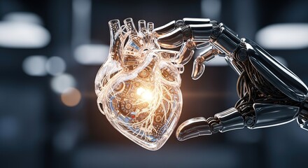 Robot hand delicately holding a transparent heart with intricate gears and glowing center for futuristic biotech concepts