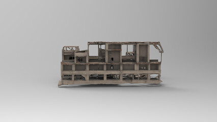 building in ruins with rocks and debris around it 