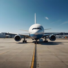 Front view of a commercial airplane on the runway under clear blue sky. Perfect symmetry, jet engines visible, airport terminal in background. Ideal for aviation, travel, and transportation themes