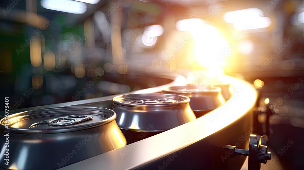 Poster automated line: sleek, metallic cans glide along an automated production line, bathed in the soft gl