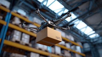 Drone Delivery in Warehouse: A technologically advanced drone effortlessly glides through a warehouse, carrying a package, symbolizing innovation and the future of logistics.