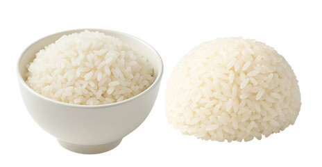 Cooked White Rice in Bowl and Portion Isolated on White Background