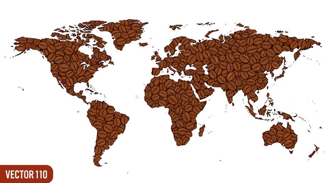 Vector illustration of a world map made up of coffee cups on a white background, celebrating International Coffee Day with a brown color scheme.