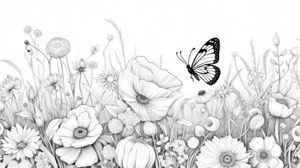 Monochrome flowers and butterfly
