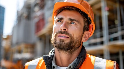 Optimistic Construction Worker: A focused construction worker, with an air of determination, gazes upward, embodying dedication to the ongoing build.