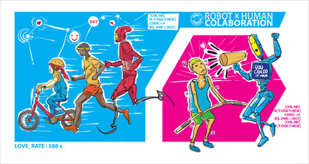 Human and robot interaction vector illustration. Show robot accompany human to workout.