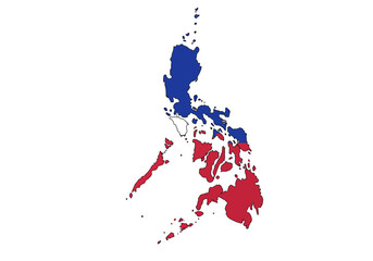 The Philippines archipelago colored blue and red is outlined in black against a white background